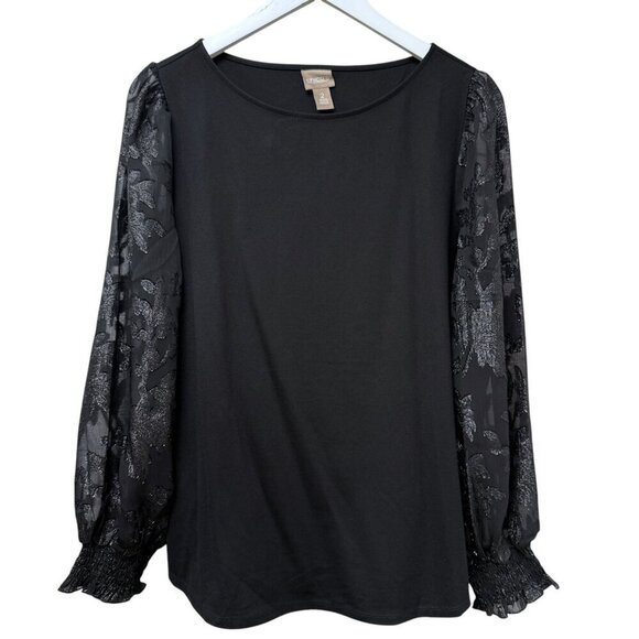 CHICO'S Womens Evening Top Large (Chicos 2) Black Tee Shimmer Sheer Sleeves NWOT - Picture 1 of 9